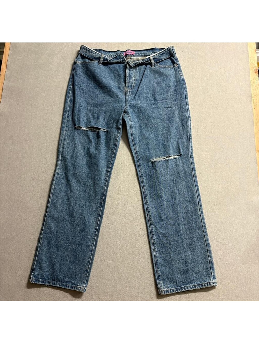 Edikted Distressed Straight Leg Jeans Womens XL Blue Denim High Rise Ripped